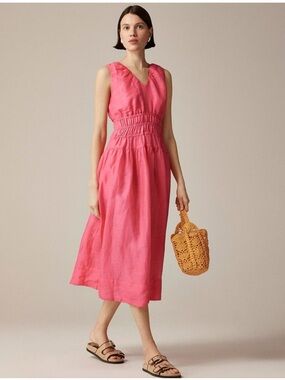 J. Crew Hyacinth V-neck Dress in Ramie with Pockets Size Medium Tall